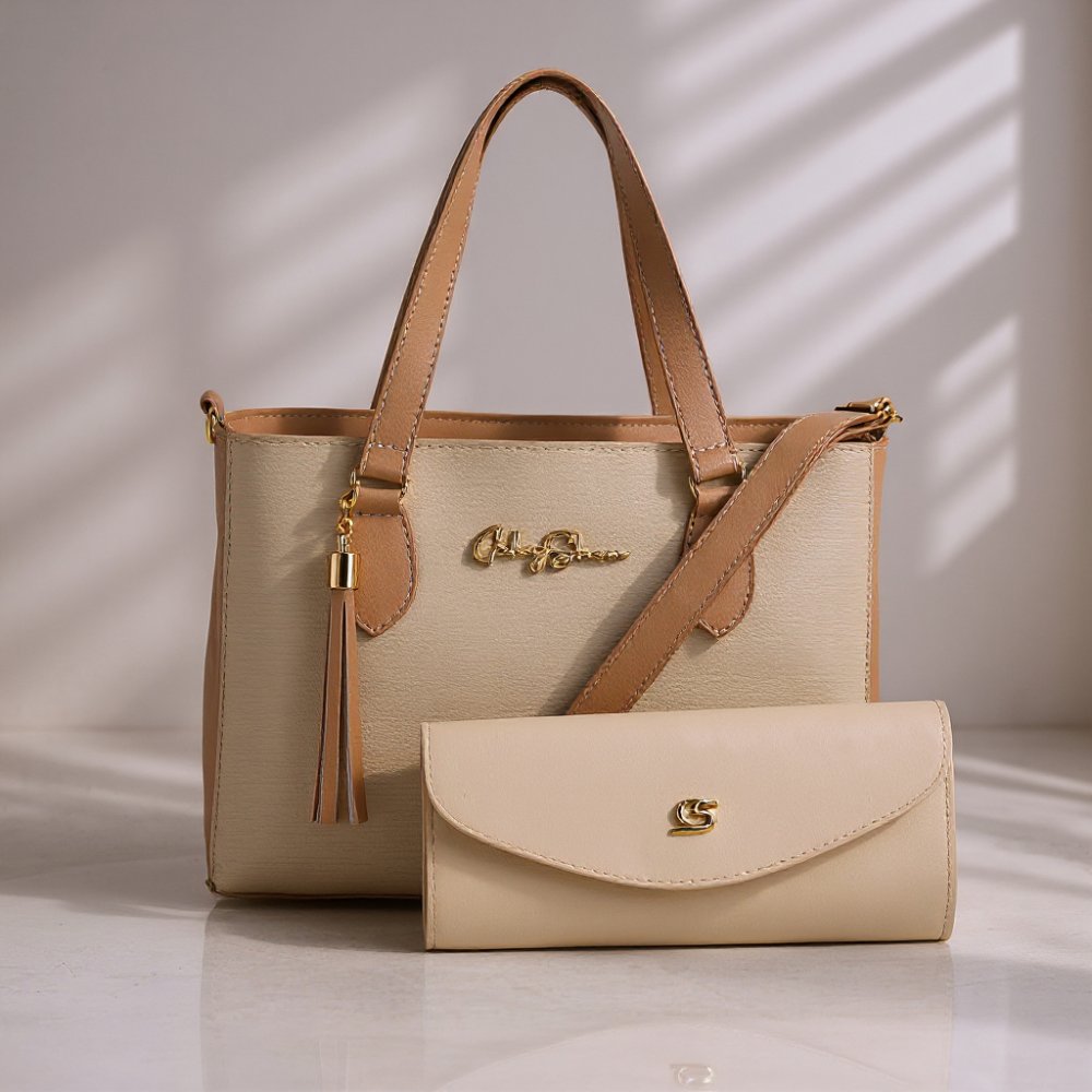 GABY SHOW - BOLSA FEMININA ANJIK MÉDIA + CARTEIRA - MARFIM C/ AMÊNDOA