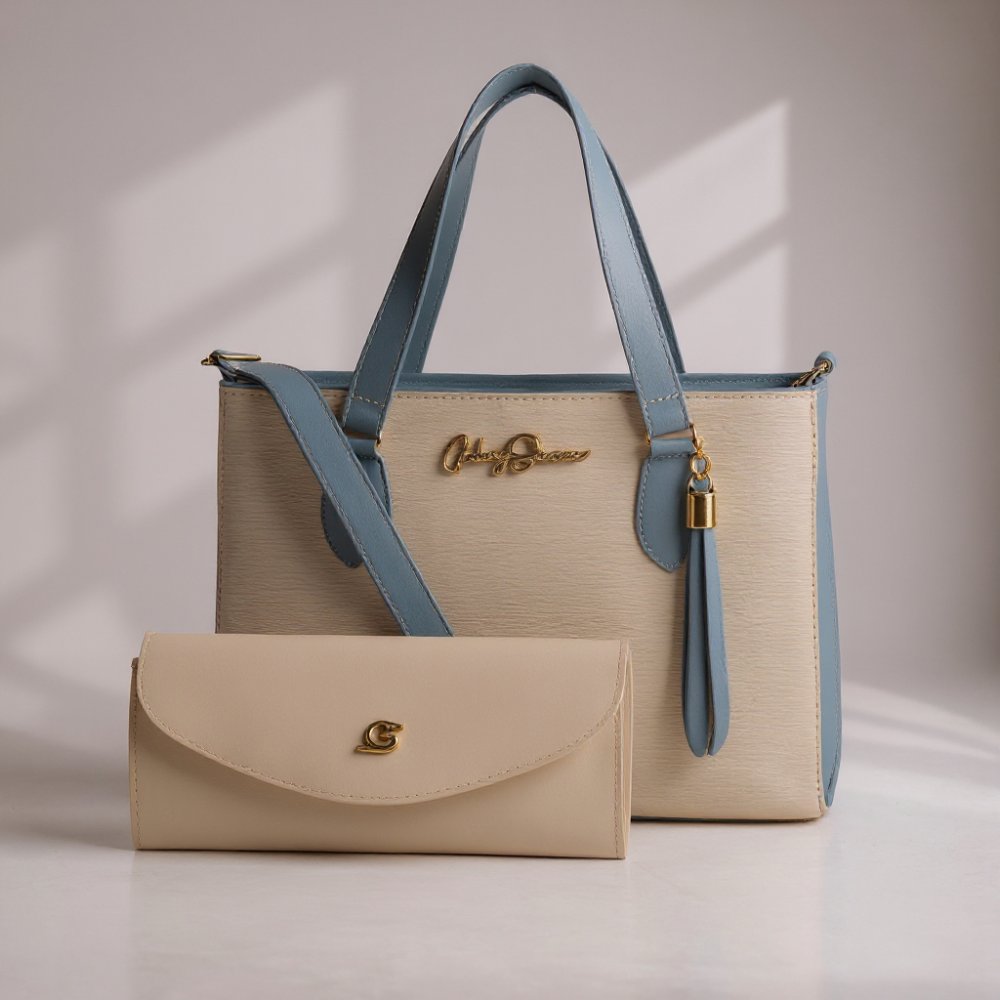 GABY SHOW - BOLSA FEMININA ANJIK MÉDIA + CARTEIRA - MARFIM C/ AZUL