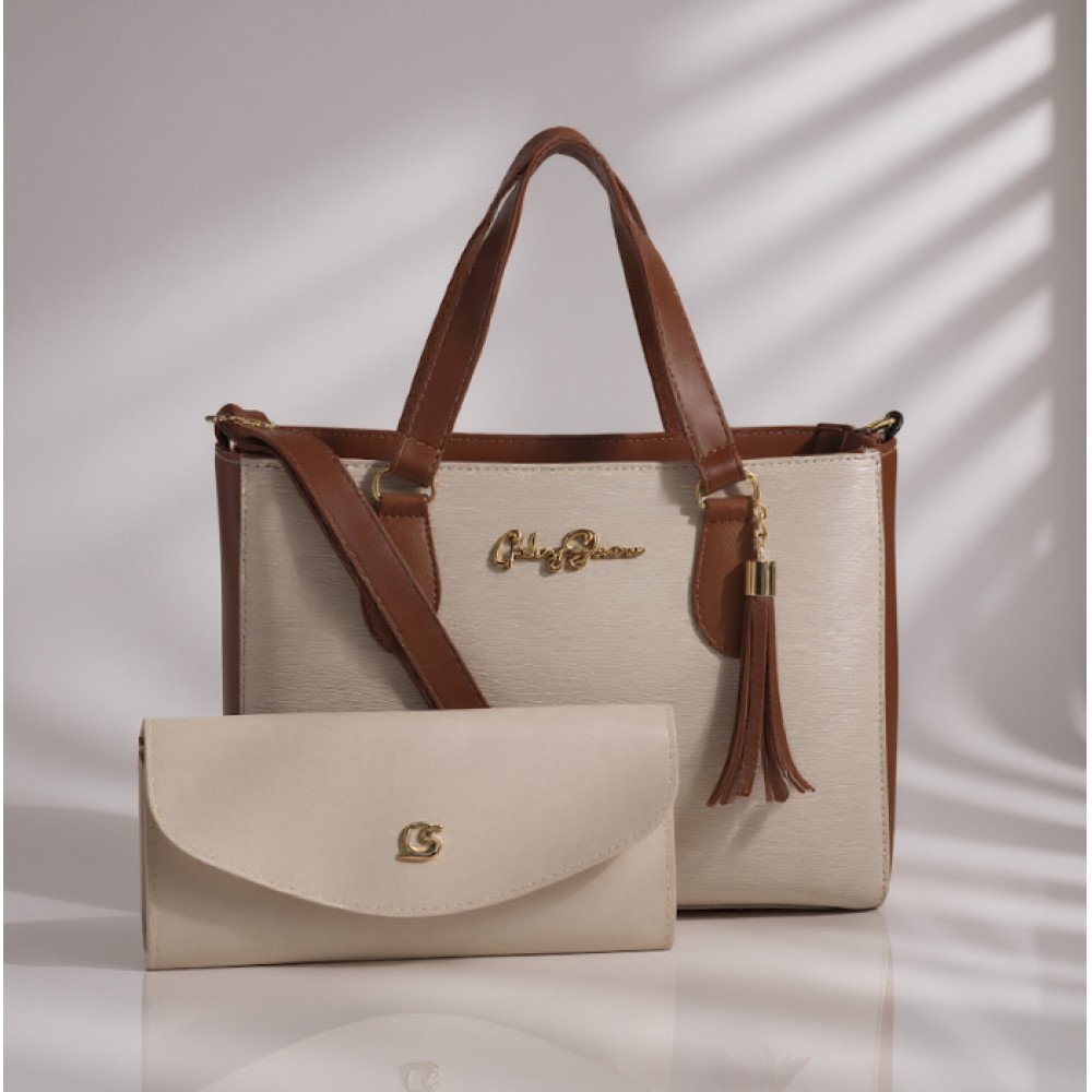 GABY SHOW - BOLSA FEMININA ANJIK MÉDIA + CARTEIRA - MARFIM C/ CARAMELO