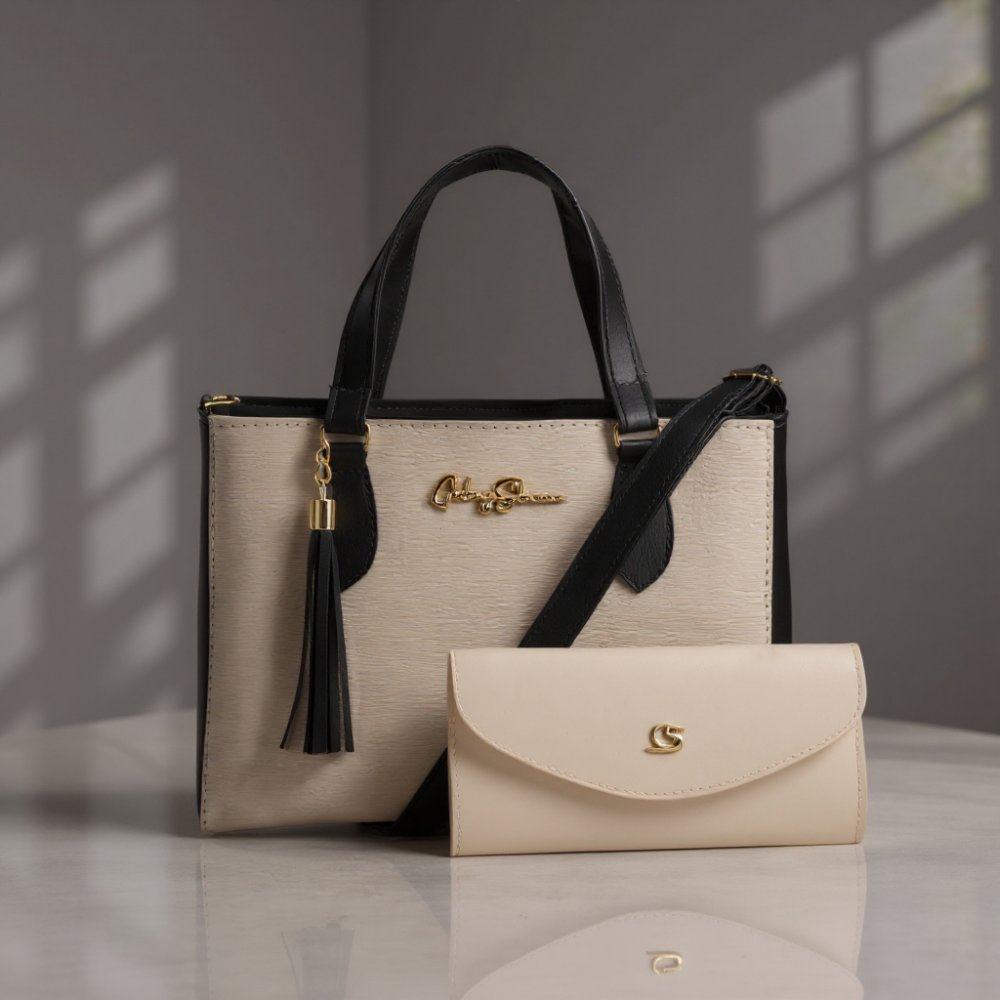 GABY SHOW - BOLSA FEMININA ANJIK MÉDIA + CARTEIRA - MARFIM C/ PRETO