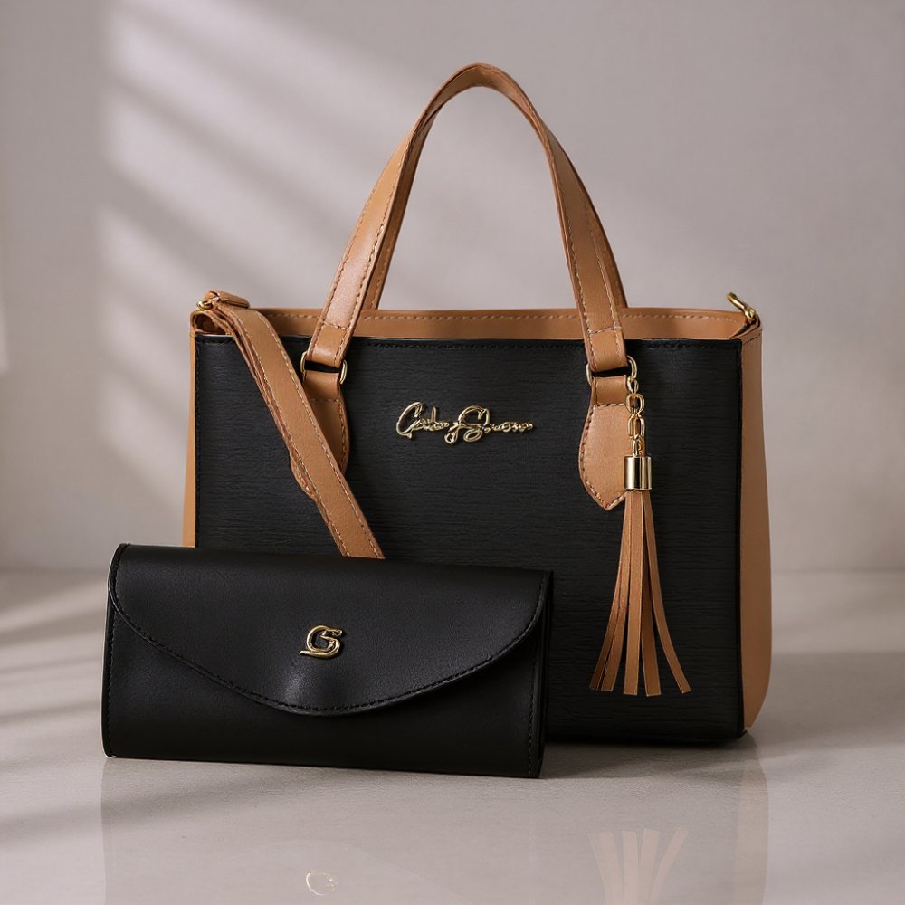 GABY SHOW - BOLSA FEMININA ANJIK MÉDIA + CARTEIRA - PRETO C/ AMÊNDOA