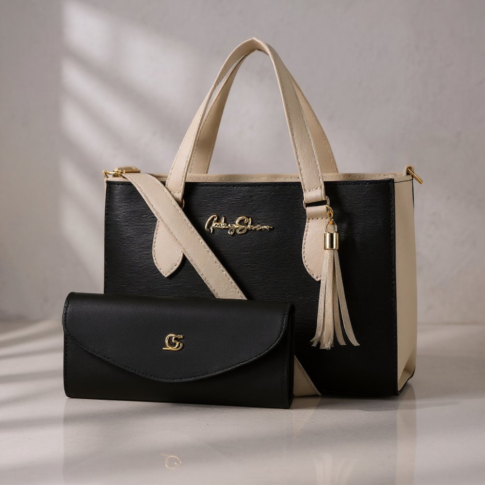 GABY SHOW - BOLSA FEMININA ANJIK MÉDIA + CARTEIRA - PRETO C/ MARFIM