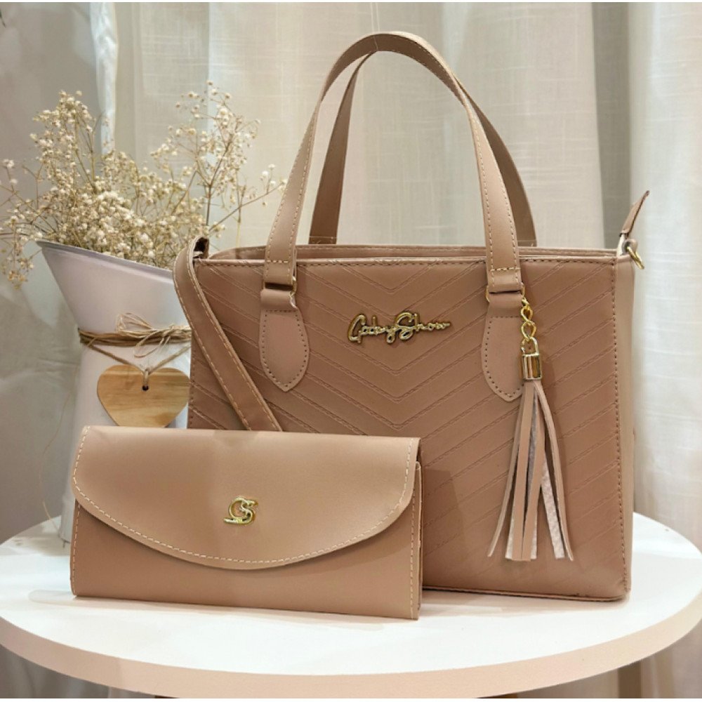 GABY SHOW - BOLSA FEMININA ESTAMPA EM V + CARTEIRA - AMÊNDOA