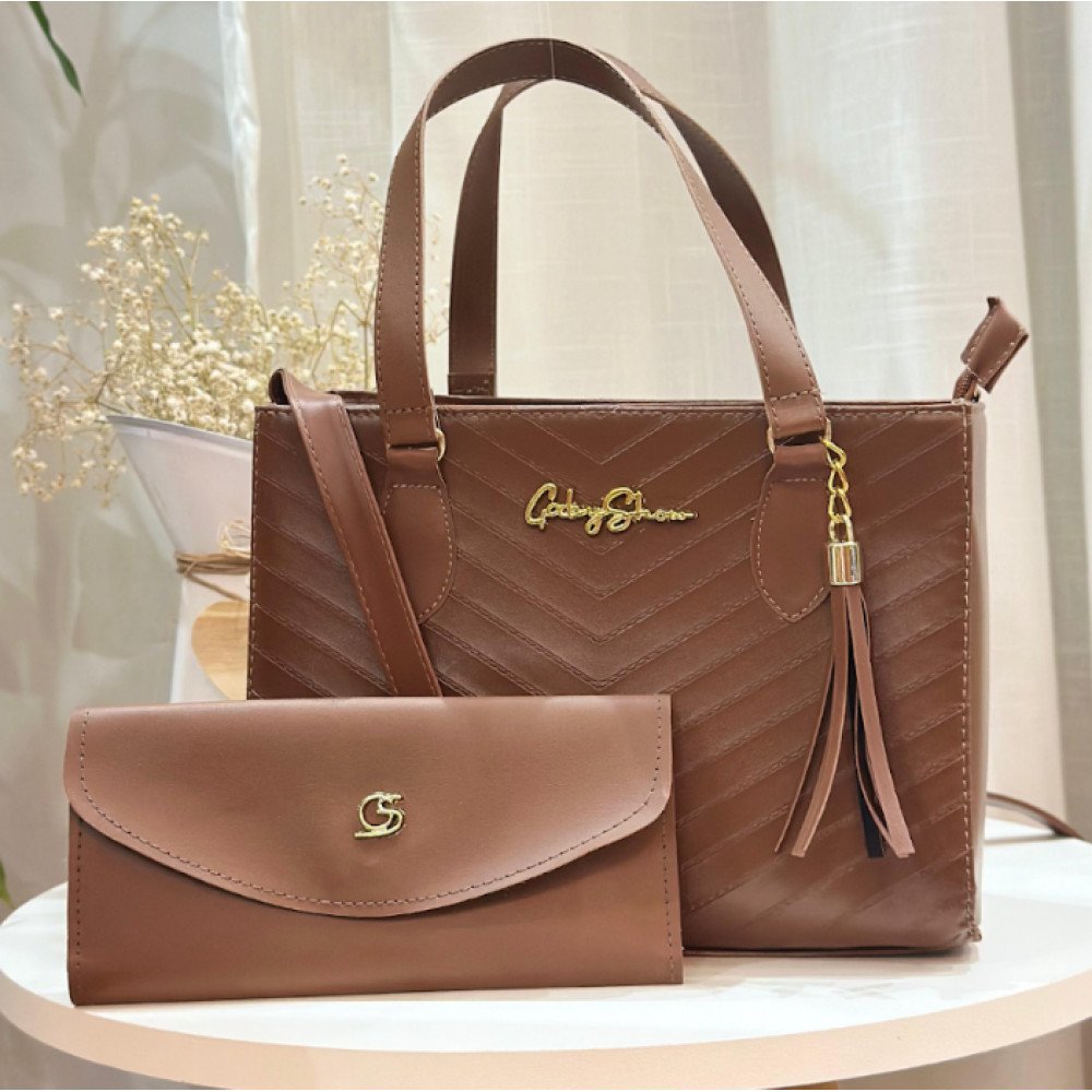 GABY SHOW - BOLSA FEMININA ESTAMPA EM V + CARTEIRA - CARAMELO