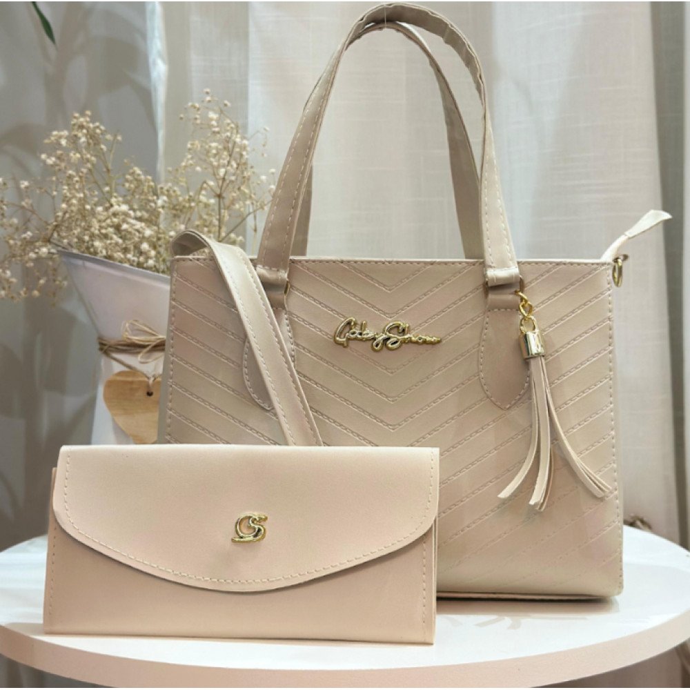 GABY SHOW - BOLSA FEMININA ESTAMPA EM V + CARTEIRA - MARFIM