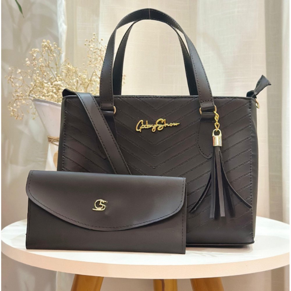 GABY SHOW - BOLSA FEMININA ESTAMPA EM V + CARTEIRA - PRETO