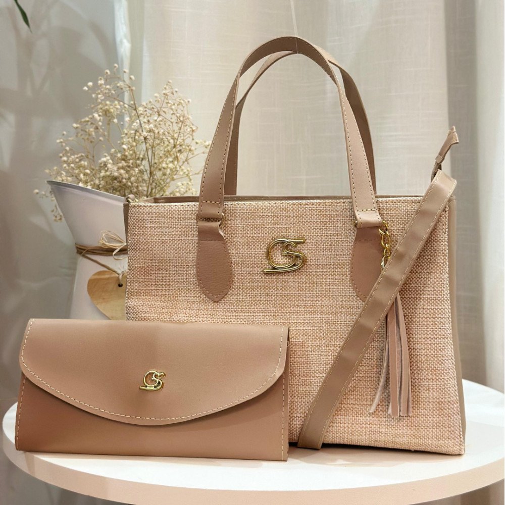 GABY SHOW - BOLSA FEMININA TECIDO MÉDIA + CARTEIRA - AMÊNDOA