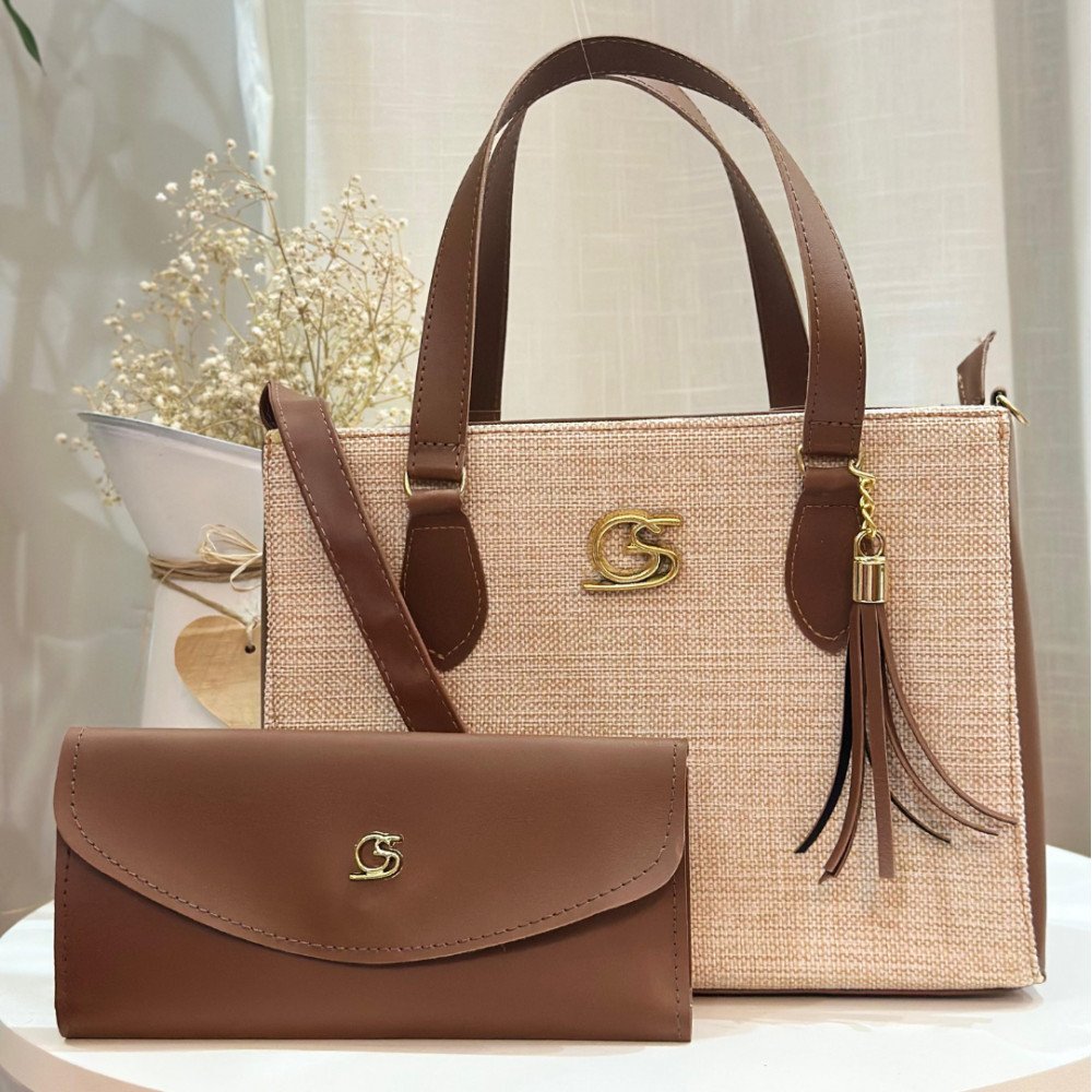 GABY SHOW - BOLSA FEMININA TECIDO MÉDIA + CARTEIRA - CARAMELO