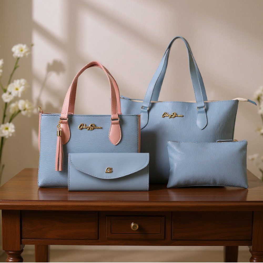 GABY SHOW - KIT 4 PEÇAS BOLSA FEMININA ANJIK MÉDIA + SACOLA ANJIK + CARTEIRA + NECESSERIE - AZUL C/ ROSA