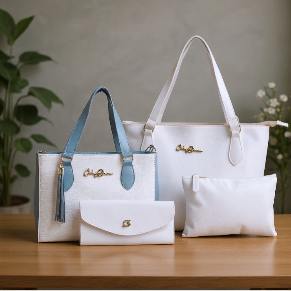 GABY SHOW - KIT 4 PEÇAS BOLSA FEMININA ANJIK MÉDIA + SACOLA ANJIK + CARTEIRA + NECESSERIE - BRANCO C/ AZUL