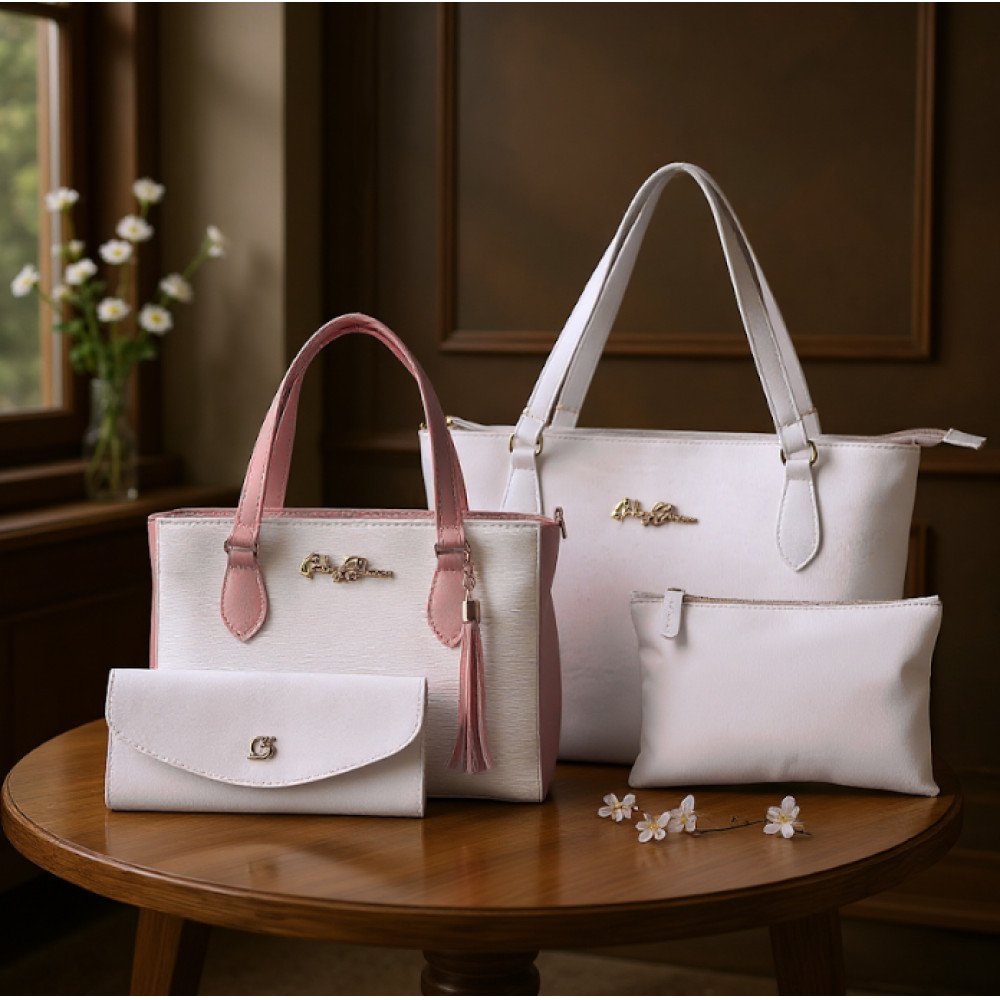 GABY SHOW - KIT 4 PEÇAS BOLSA FEMININA ANJIK MÉDIA + SACOLA ANJIK + CARTEIRA + NECESSERIE - BRANCO C/ ROSA