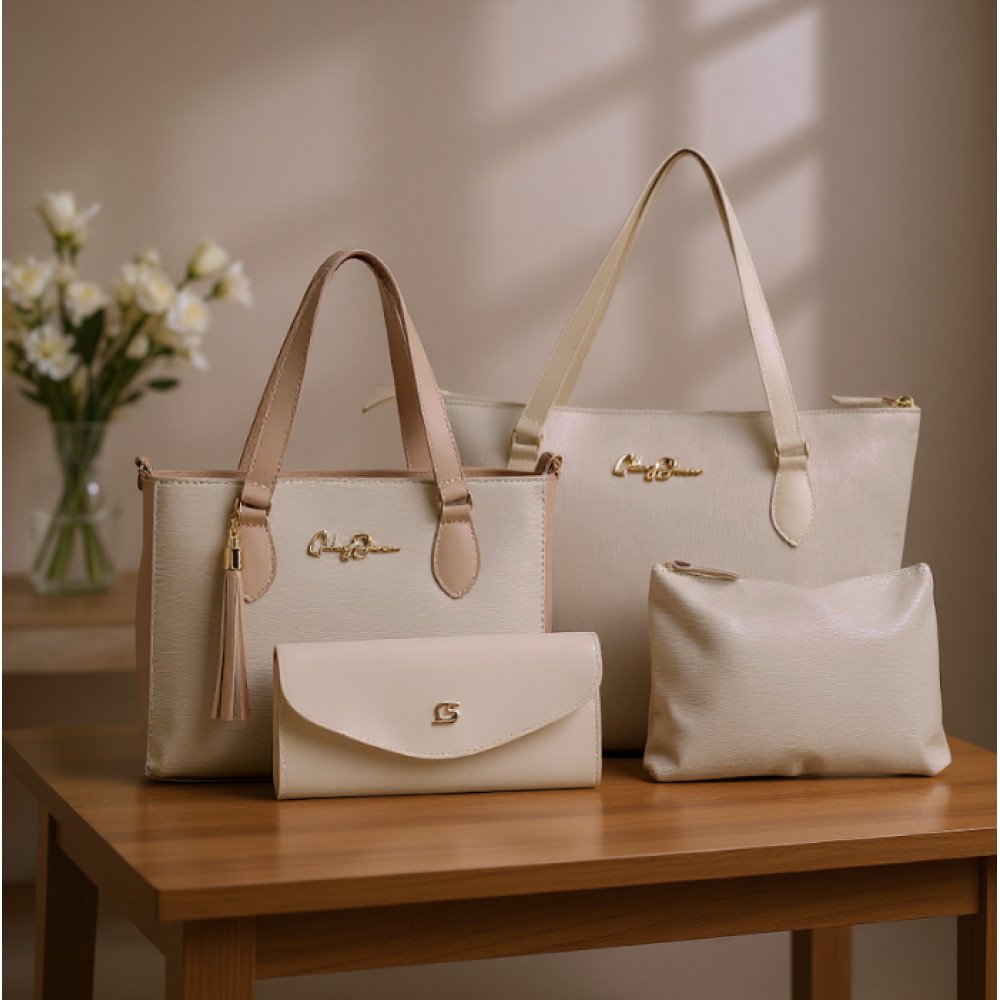 GABY SHOW - KIT 4 PEÇAS BOLSA FEMININA ANJIK MÉDIA + SACOLA ANJIK + CARTEIRA + NECESSERIE - MARFIM C/ AMÊNDOA