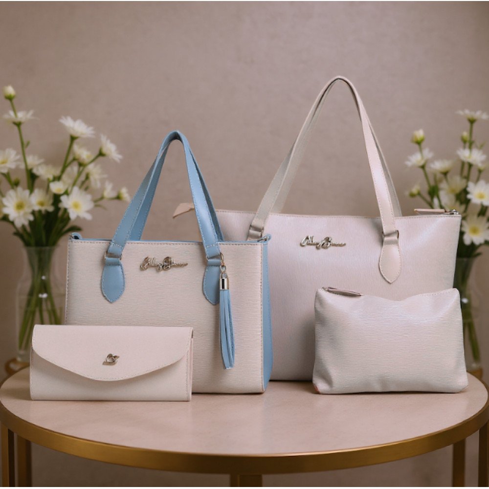 GABY SHOW - KIT 4 PEÇAS BOLSA FEMININA ANJIK MÉDIA + SACOLA ANJIK + CARTEIRA + NECESSERIE - MARFIM C/ AZUL