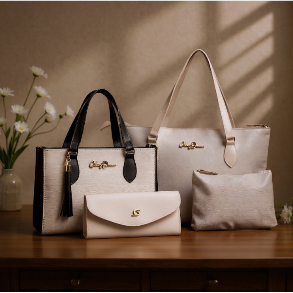 GABY SHOW - KIT 4 PEÇAS BOLSA FEMININA ANJIK MÉDIA + SACOLA ANJIK + CARTEIRA + NECESSERIE - MARFIM C/ PRETO