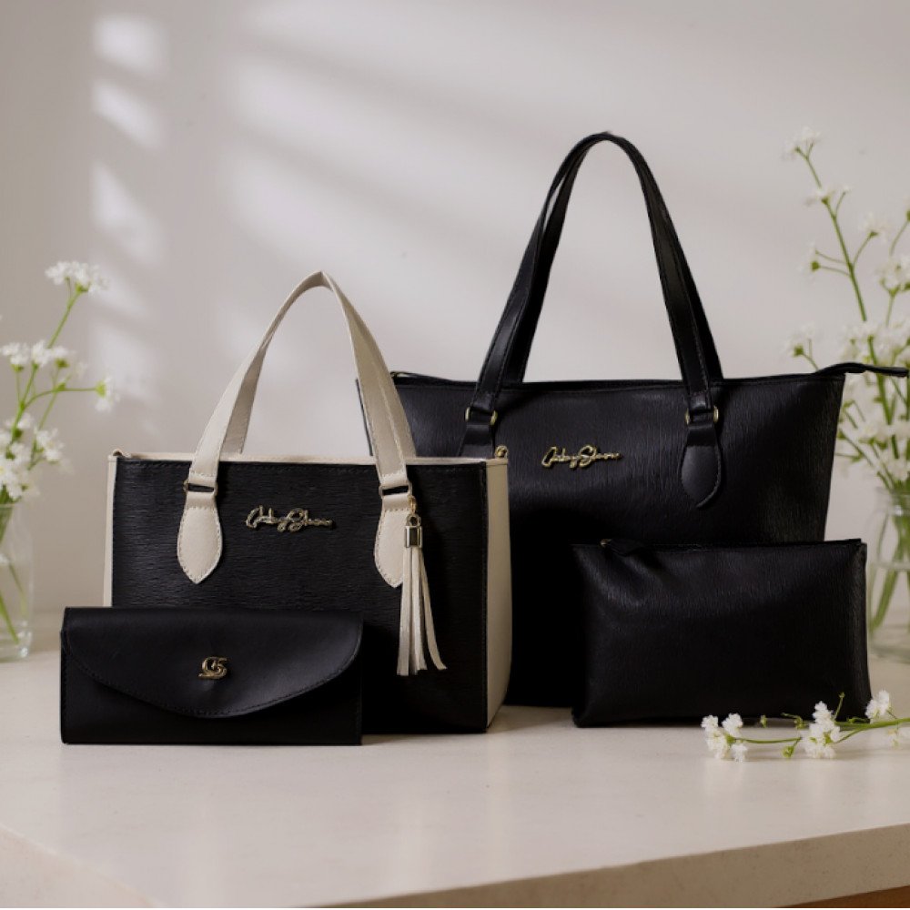 GABY SHOW - KIT 4 PEÇAS BOLSA FEMININA ANJIK MÉDIA + SACOLA ANJIK + CARTEIRA + NECESSERIE - PRETO C/ MARFIM