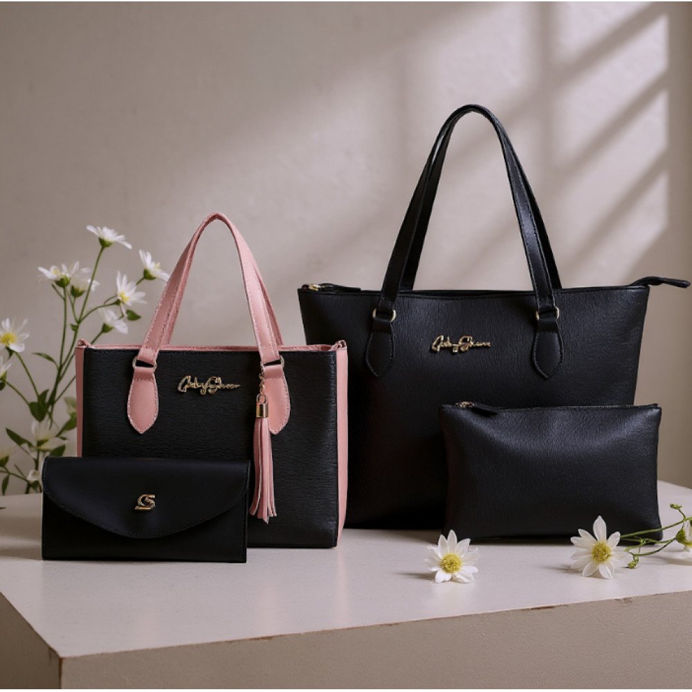 GABY SHOW - KIT 4 PEÇAS BOLSA FEMININA ANJIK MÉDIA + SACOLA ANJIK + CARTEIRA + NECESSERIE - PRETO C/ ROSA