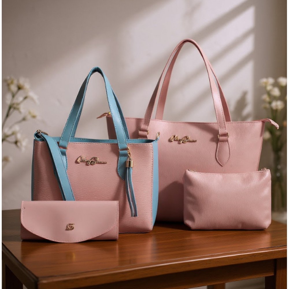 GABY SHOW - KIT 4 PEÇAS BOLSA FEMININA ANJIK MÉDIA + SACOLA ANJIK + CARTEIRA + NECESSERIE - ROSA C/ AZUL