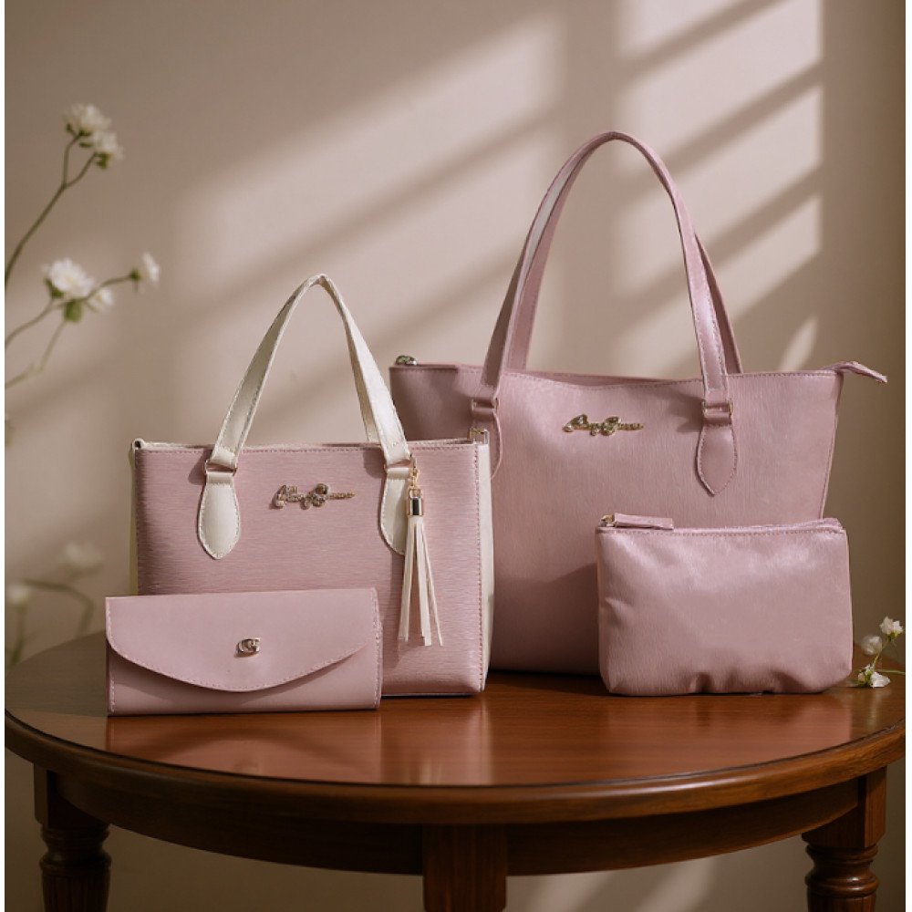 GABY SHOW - KIT 4 PEÇAS BOLSA FEMININA ANJIK MÉDIA + SACOLA ANJIK + CARTEIRA + NECESSERIE - ROSA C/ MARFIM