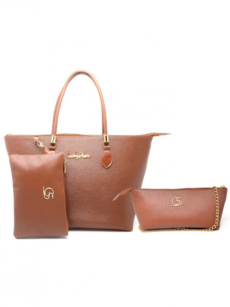 KIT BOLSA FEMININA 3 PEÇAS- SACOLA NECESSERIE E CORRENTINHA CARAMELO