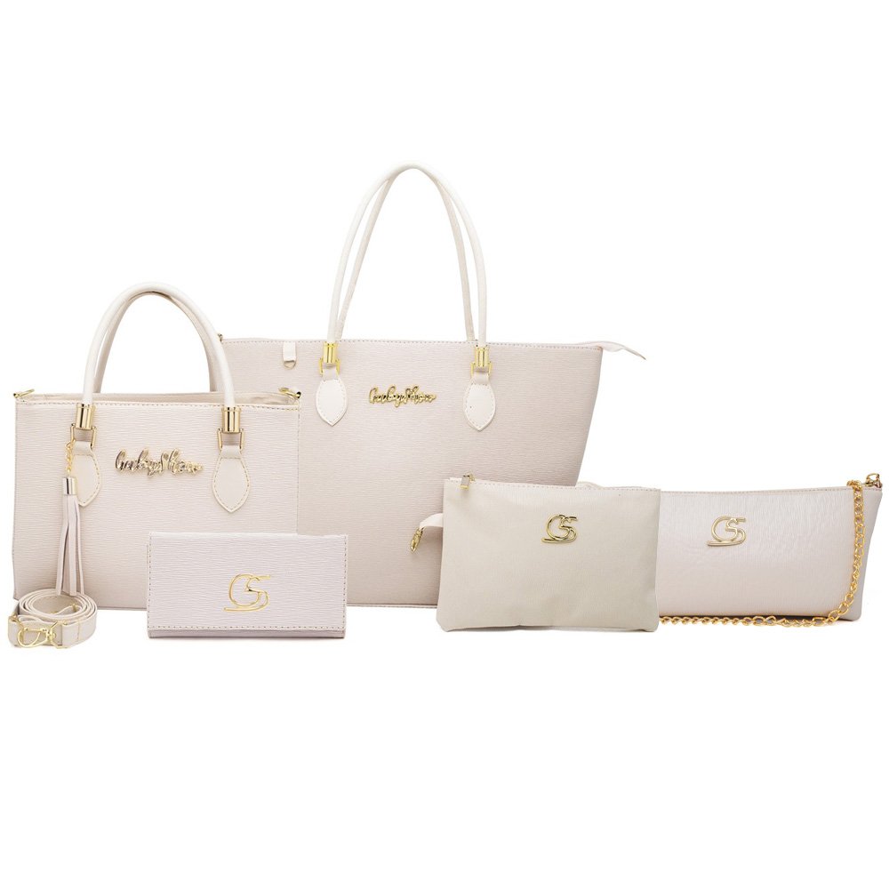 KIT BOLSA FEMININA 5 PEÇAS LUXO - SACOLA NECESSERIE MEDIA ANJICK CARTEIRA CORRENTE MARFIM