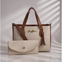 Gaby Show - Bolsa Feminina Anjik Média + Carteira - Marfim c/ Caramelo