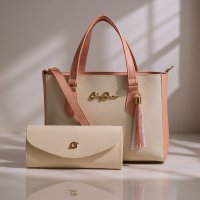 Gaby Show - Bolsa Feminina Anjik Média + Carteira - Marfim c/ Rosa