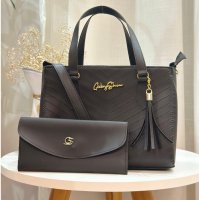 Gaby Show - Bolsa Feminina Estampa em V + Carteira - Preto