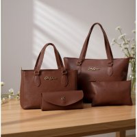 Gaby Show - Kit 4 Peças Bolsa Feminina Anjik Média + Sacola Anjik + Carteira + Necesserie - Caramelo