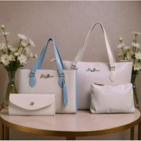 Gaby Show - Kit 4 Peças Bolsa Feminina Anjik Média + Sacola Anjik + Carteira + Necesserie - Marfim c/ Azul