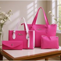 Gaby Show - Kit 4 Peças Bolsa Feminina Anjik Média + Sacola Anjik + Carteira + Necesserie - Pink c/ Branco