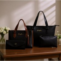 Gaby Show - Kit 4 Peças Bolsa Feminina Anjik Média + Sacola Anjik + Carteira + Necesserie - Preto c/ Caramelo