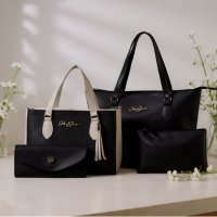 Gaby Show - Kit 4 Peças Bolsa Feminina Anjik Média + Sacola Anjik + Carteira + Necesserie - Preto c/ Marfim